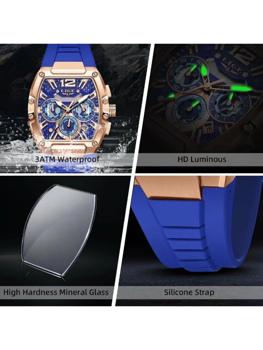 Men's Blue and Bright Copper Square Chronograph Stainless Steel Quartz Watch